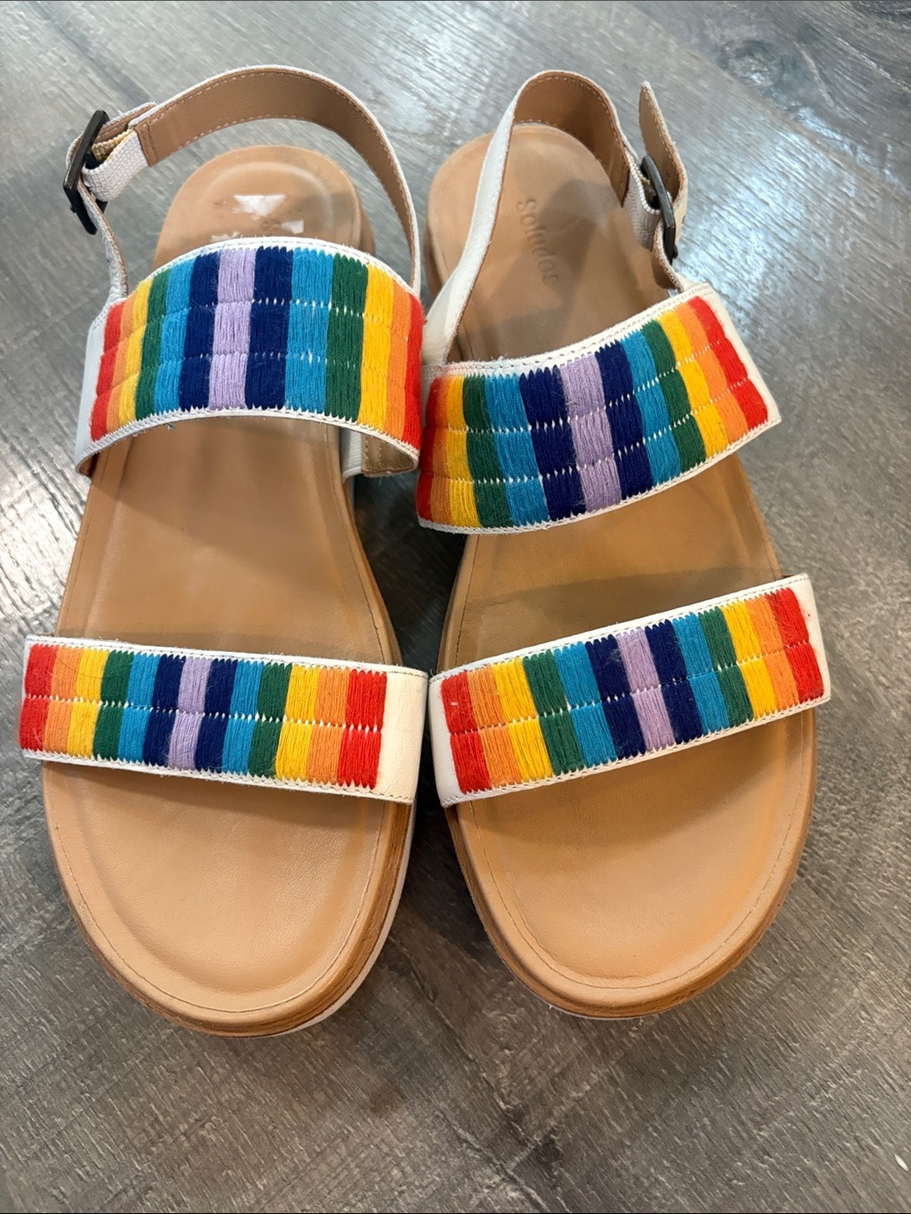 So Lydia Women’s Multicolor Rainbow Strap Sandals with Tan Footbed